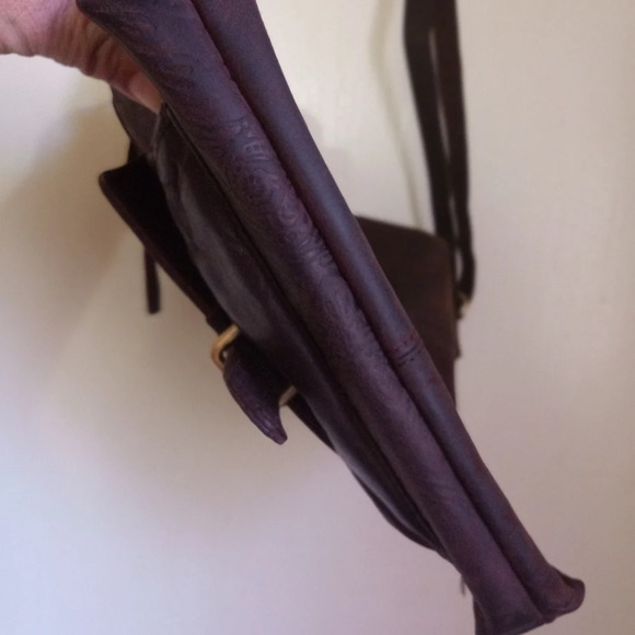 Rustic Dark brown floral embossed burnished leather crossbody bag - Picture 9 of 11